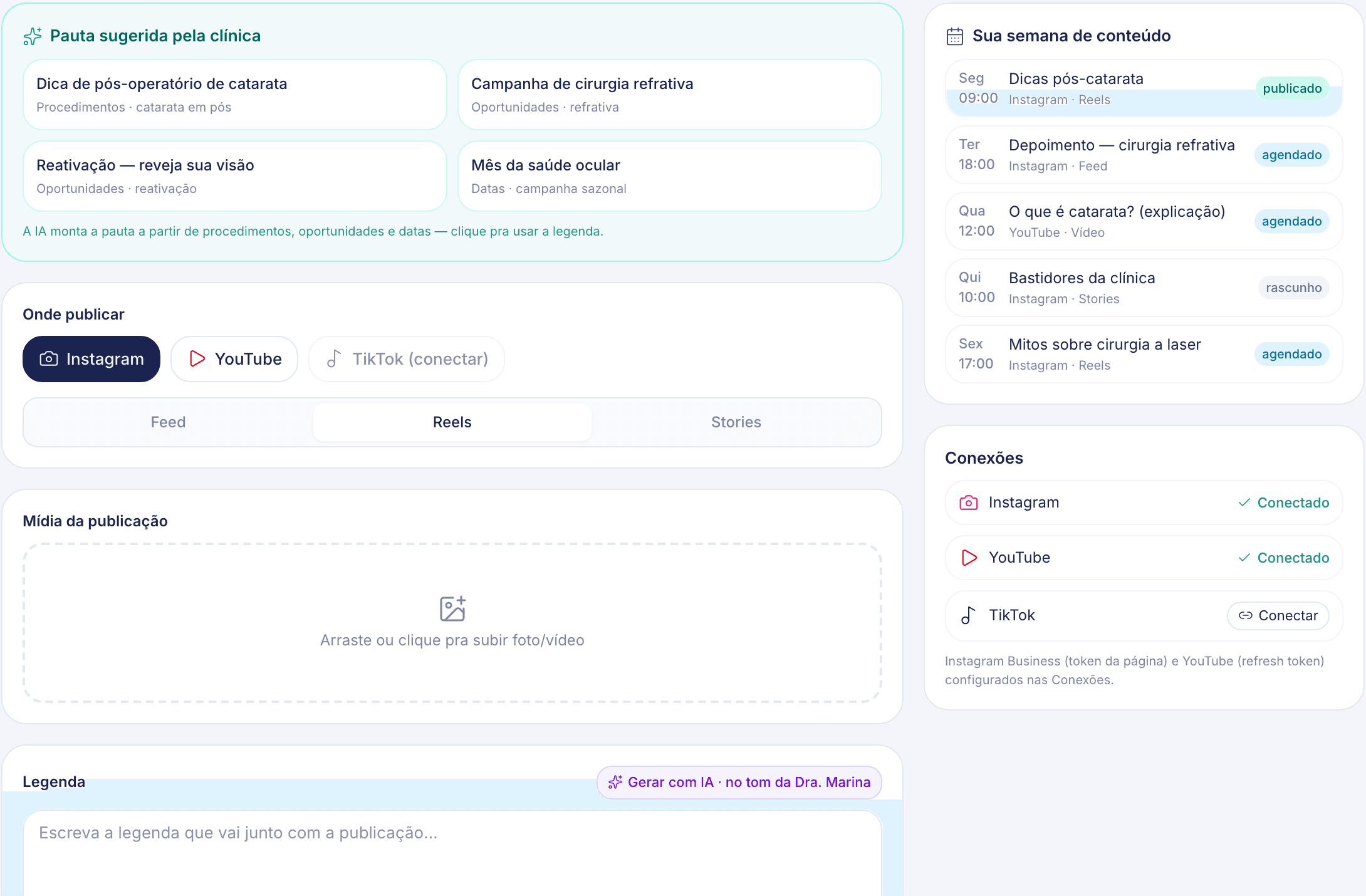 Estúdio Social da ewia com pauta sugerida por IA e semana de conteúdo